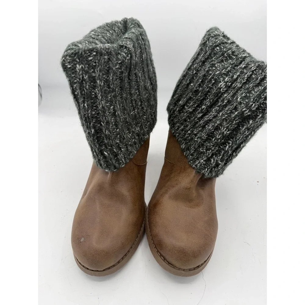 Muk Luks Womens Brown Knit Cuff Block Heel Ankle Boots 17286 Ivory Size 10